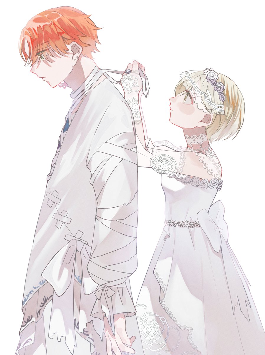 1girl dress 1boy wedding dress short hair blonde hair veil  illustration images