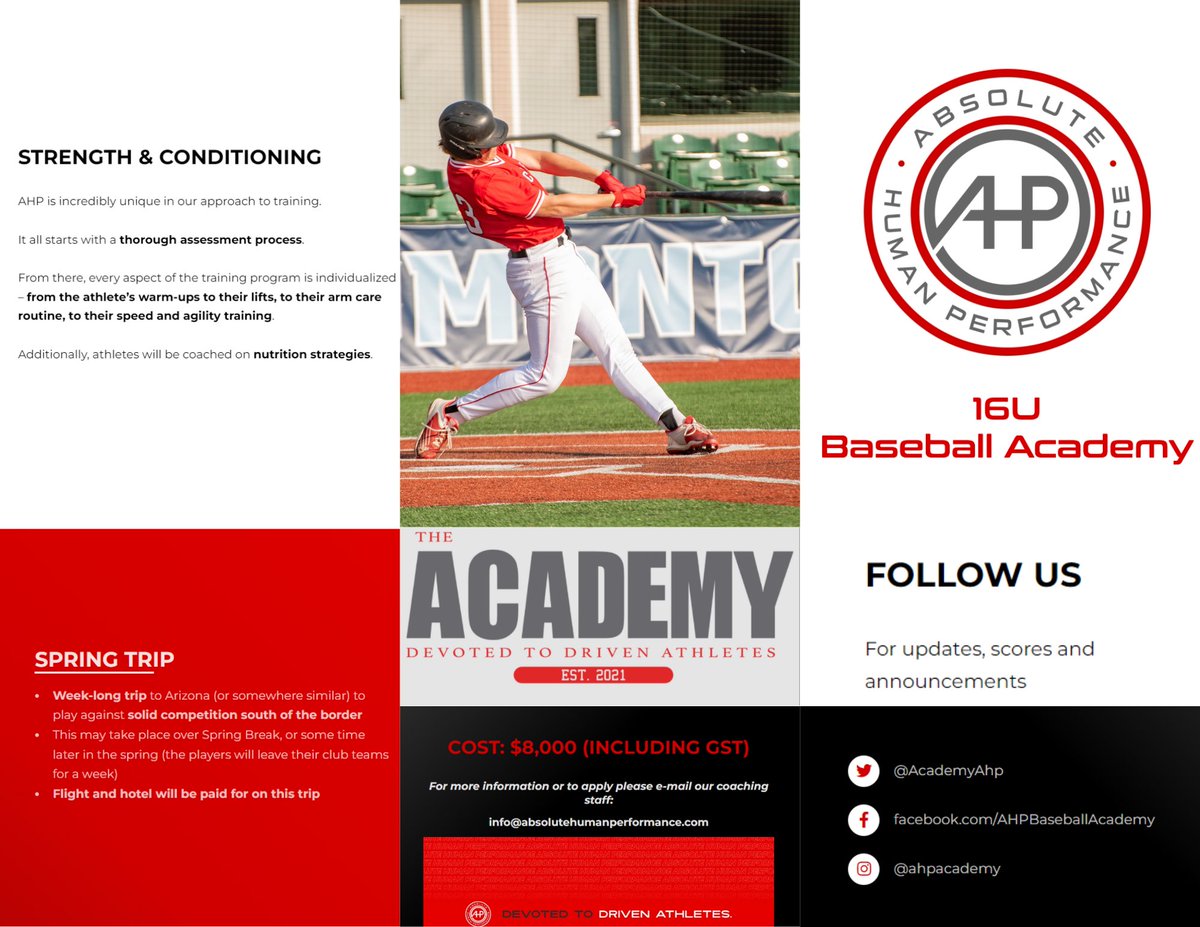 We are doing an Open House for our 16U Academy! Players going into grades 9 or 10 are welcome

When: Tuesday Aug 22nd @ 10:30AM 
Where: AHP 3.0, 20 Carleton Drive St Albert
 
* Come and check out the new facility!  
email: ethanelias@absolutehumanperformance.com to confirm a spot