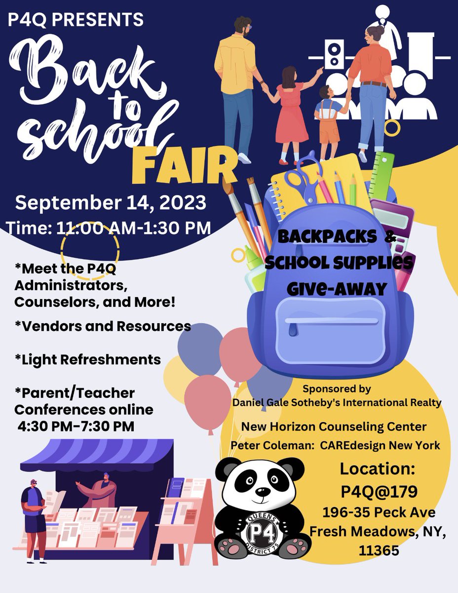 Can’t wait to start off the new year…please join the P4Q 🐼Pandas🐼 at our Back-to-School Fair! @p4_queens @D75Office