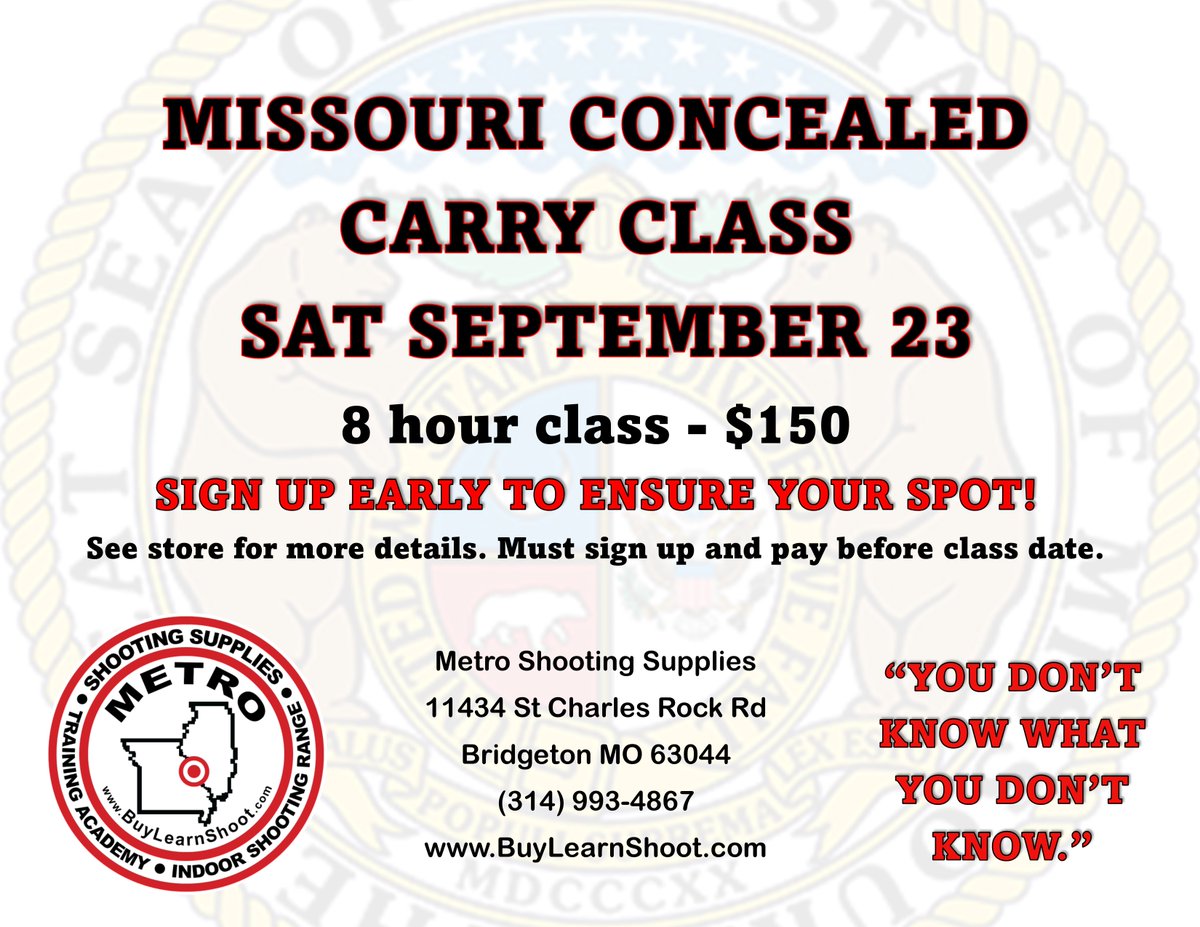 Bellevilleshoot's tweet image. SIGN UP NOW FOR OUR SEPT 23RD CCW CLASS! TIME IS PASSING QUICKLY, GRAB YOUR SPOT NOW! #ccwclass #2A #metroshootingsupplies #2amendment #stlguns #2AShallNotBeInfringed #2a #stlouisguns #moccw #youdontknowwhatyoudontknow #ccw #metrotrainingacademy #BridgetonMO #learnthelaw