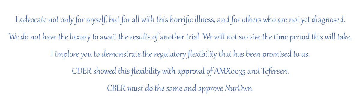 Obstetric anesthesiologist, Dr. Stacy Lewin’s statement to the <a href="/FDACBER/">FDA Biologics</a> in the fight for her life. regulations.gov/comment/FDA-20… Diagnosed in 2021. Please hear her pleas. She needs #NurOwnNow to help her in battle with #ALS.