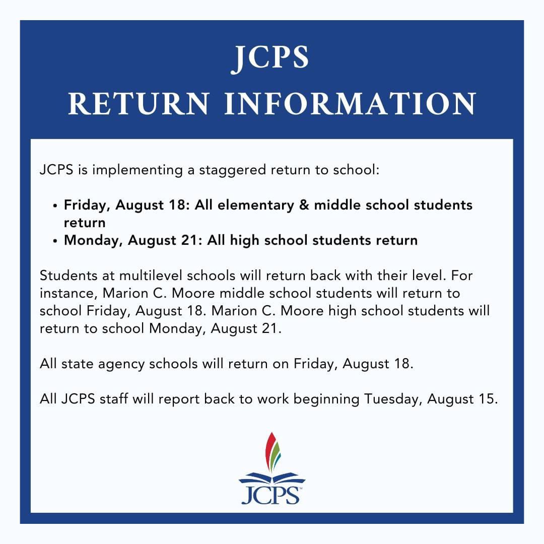 🚨 UPDATE | JCPS elementary and middle school students will return to school this Friday, August 18. High school students will return on Monday, August 21. Please see more information below. ⬇️ #WeAreJCPS <a href="/JCPSKY/">JCPS</a> <a href="/JCPSlatino/">JCPS en Español</a> <a href="/JCPSZone2/">Elementary Zone 2</a> <a href="/jmarie2011/">Jennifer Neighbours</a> <a href="/LaquettaCarter7/">Laquetta, NBCT, Ed.S</a>