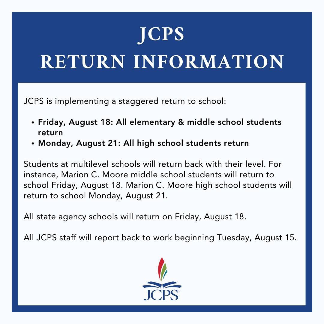🚨 UPDATE | JCPS elementary and middle school students will return to school this Friday, August 18. High school students will return on Monday, August 21. Please see more information below. ⬇️ #WeAreJCPS @JCPSKY @JCPSlatino @JCPSZone2 @jmarie2011 @LaquettaCarter7