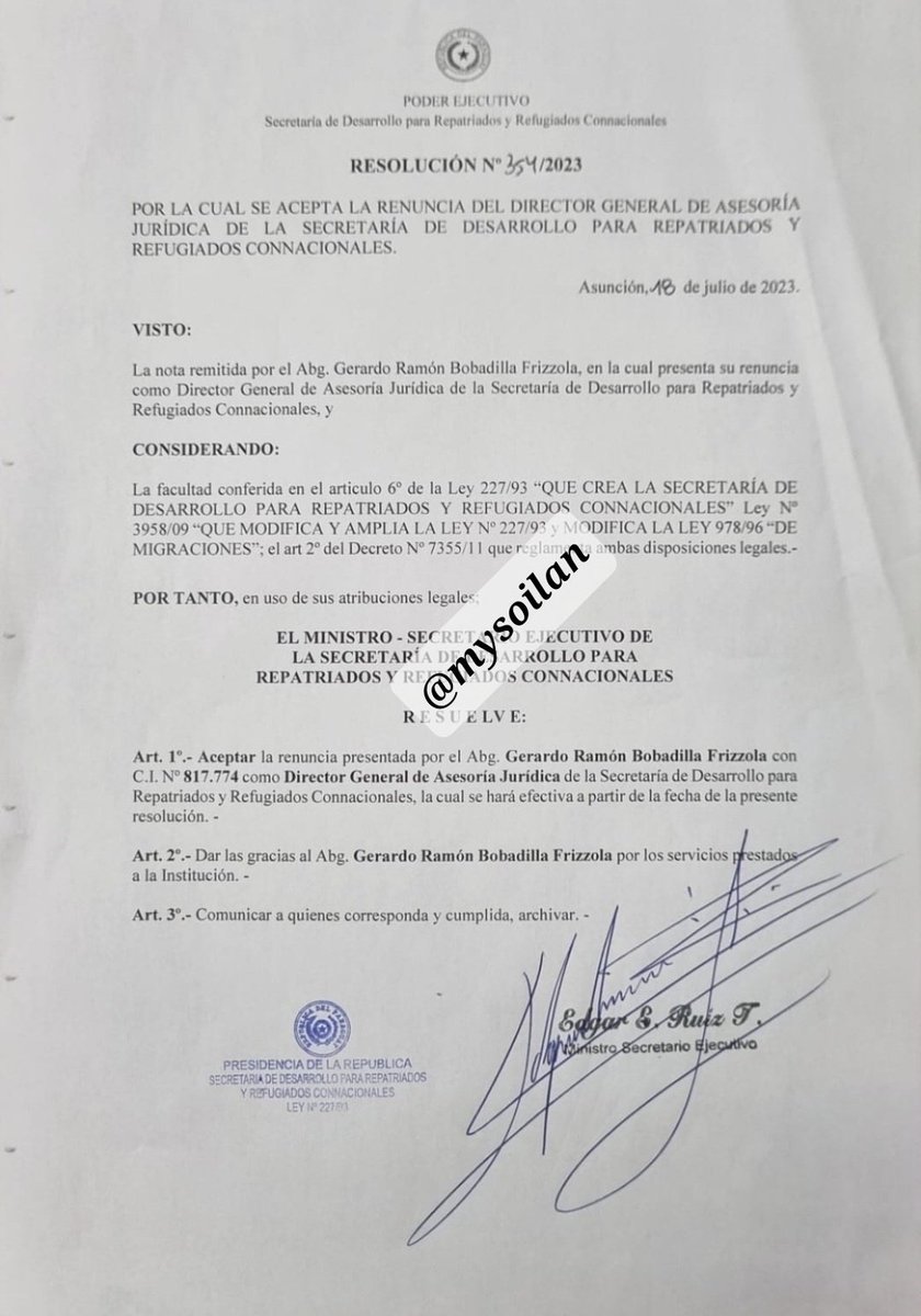 El abogado Gerardo Bobadilla, renunció al cargo de Director Jurídico de la Secretaría de Desarrollo para Repatriados. Por lo tanto no tiene ni un impedimento para representar al gremio de abogados. 👇
@UNO650AM