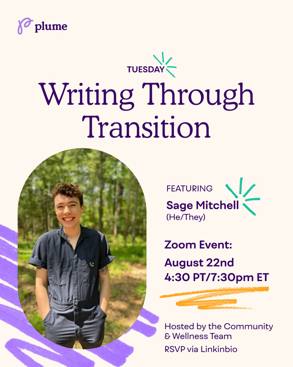 Free event: Tuesday, Aug 22nd 4:30 PT / 7:30 ET, Our Writing Through Transition workshop will cover tips for trans people on how to create a supportive gender exploration writing practice that you can utilize no matter where you're at in your transition. linkin.bio/ig-plume_clinic