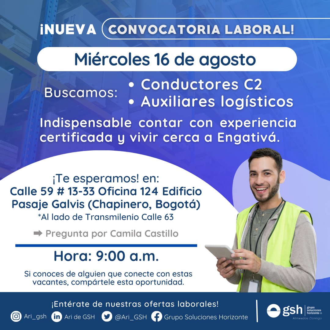 Ari_GSH's tweet image. ⚠💼¿Eres un apasionado en la distribución y entrega de mercancía a clientes y NO tienes trabajo? 🚚 Preséntate en la ⬇
📍 Calle 59 #13-33, Edificio Pasaje Galvis (Chapinero)
📅 Miércoles 16 de agosto del 2023
⏰ 9:00 a.m.

#BuscoEmpleo #Caminones #Logisticos #Colombia