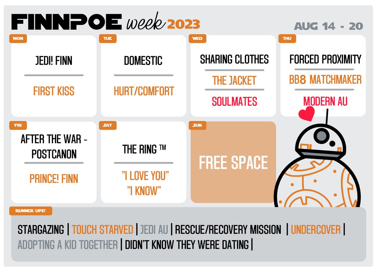 morelove4finn's tweet photo. iiiiiiiit's finnpoe week!!!

i'm still planning to update wbyhtm this wednesday, but i will be following along with the finnpoe week prompts and (hopefully) posting a oneshot or something to their ao3 collection each day!
#finnpoeweek2023 #fpweek2023 #finnpoe #stormpilot #prompts https://t.co/IwsqR6ocS0