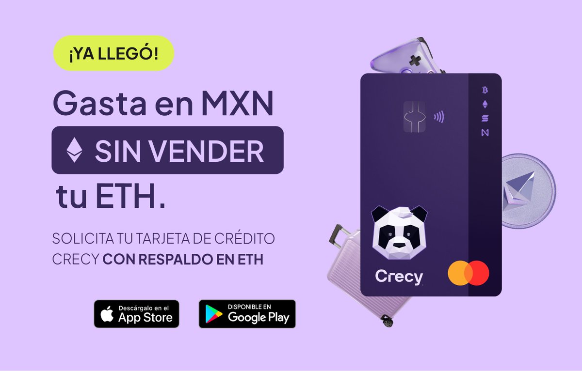 ¡Ya llegó!🐼 ¡Solicita tu tarjeta de crédito Crecy respaldada por #ETH aquí: crecy.io/eth y gasta en MXN sin vender tus tokens! 1) Solicítala en menos de 10 minutos 2) Financia tus compras por hasta 12 meses 3) Aprovecha la eficiencia fiscal #cryptocard #crypto
