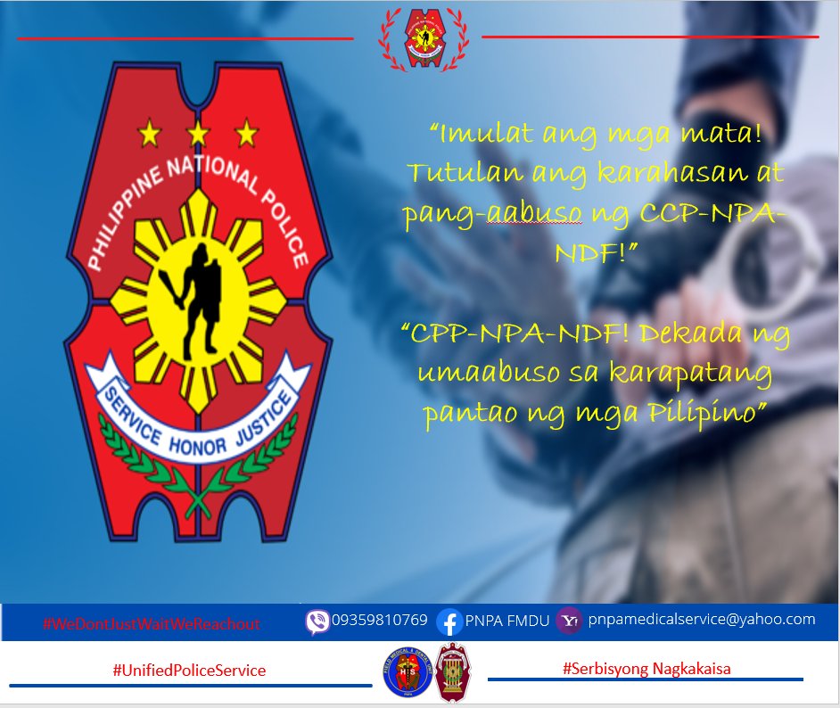 FmduPnpa's tweet photo. โImulat ang mga mata! Tutulan ang karahasan at pang-aabusong CCP-NPA-NDF!โ
โCPP-NPA-NDF! Dekada ng umaabuso sa karapatang pantao ng mga Pilipinoโ
#SerbisyongNagkakaisa
#PNPToServeandProtect
#UnifiedPoliceService
#WeDontJustWaitWeReachOut https://t.co/Wjp70ku8KN