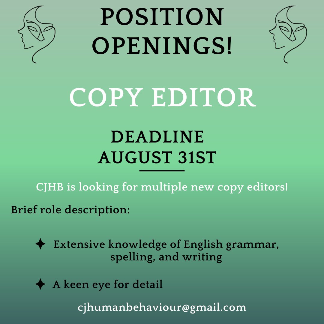 CJofHB's tweet image. 📢POSITION OPENINGS!📢

The Cambridge Journal of Human Behaviour (CJHB) is looking for multiple new copy editors!

Apply here: cjhumanbehaviour.com/join-us/

Contact us at cjhumanbehaviour@gmail.com with any questions about the role.