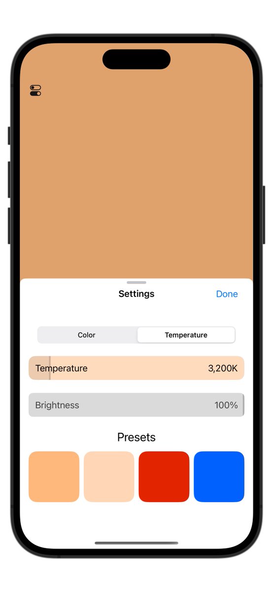 A little update on KeyLight the app I have been building, now has the ability to flick between some customisable presets on iOS. You can select from light temperature or a custom colour! 

KeyLight helps you get the right lighting in any situation! 💡

#ios #buildinpublic #swift