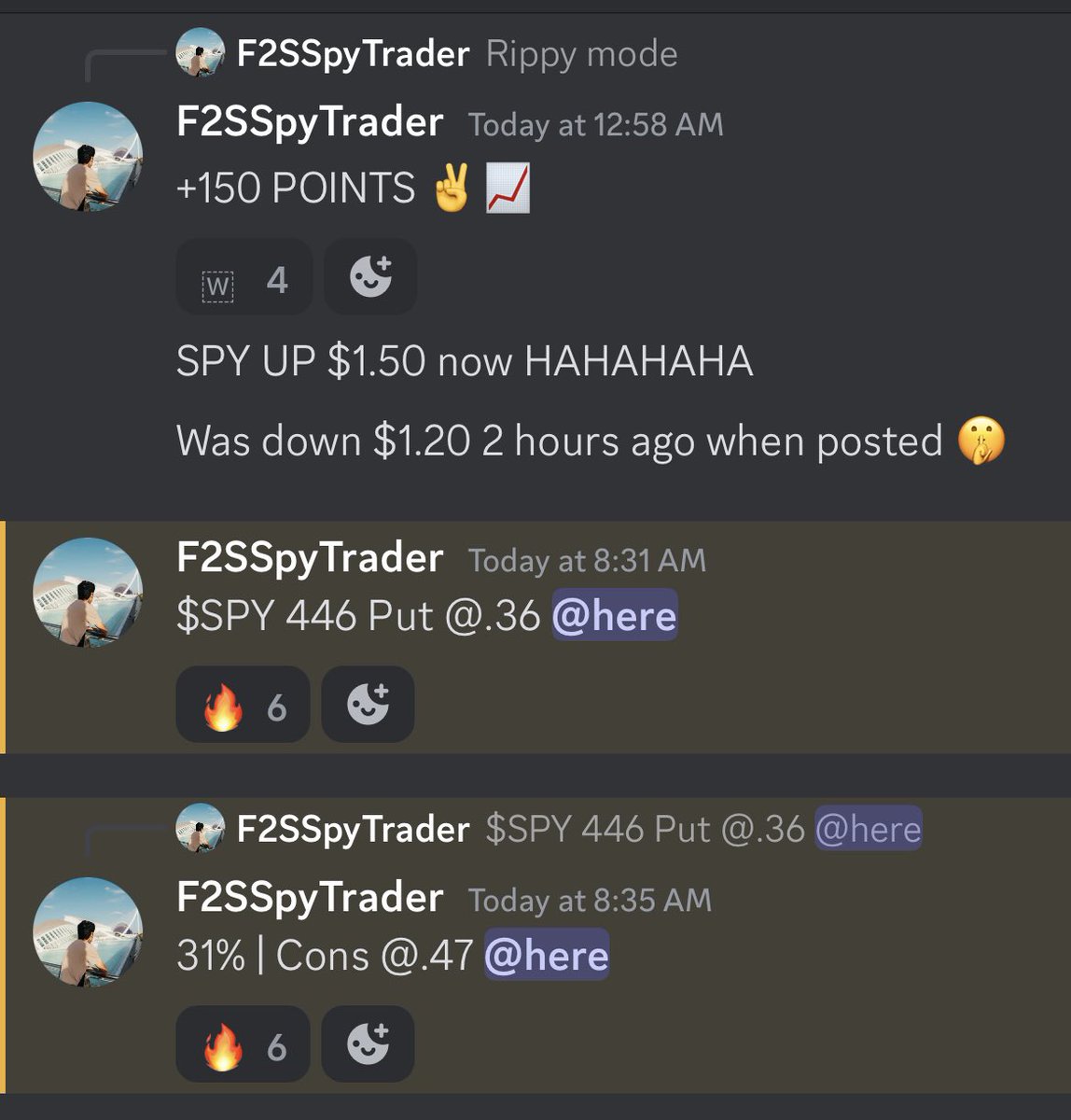 F2SSpyTrader's tweet photo. Chill Market Day Today ✅

Caught 150 Points Overnight 👑

Told the Discord We Would Rip 📈

Quick Spy Play then Golf Time ⛳️ 

$SPX // $SPY // $NDX // $NAS https://t.co/aPmVaS2Q84