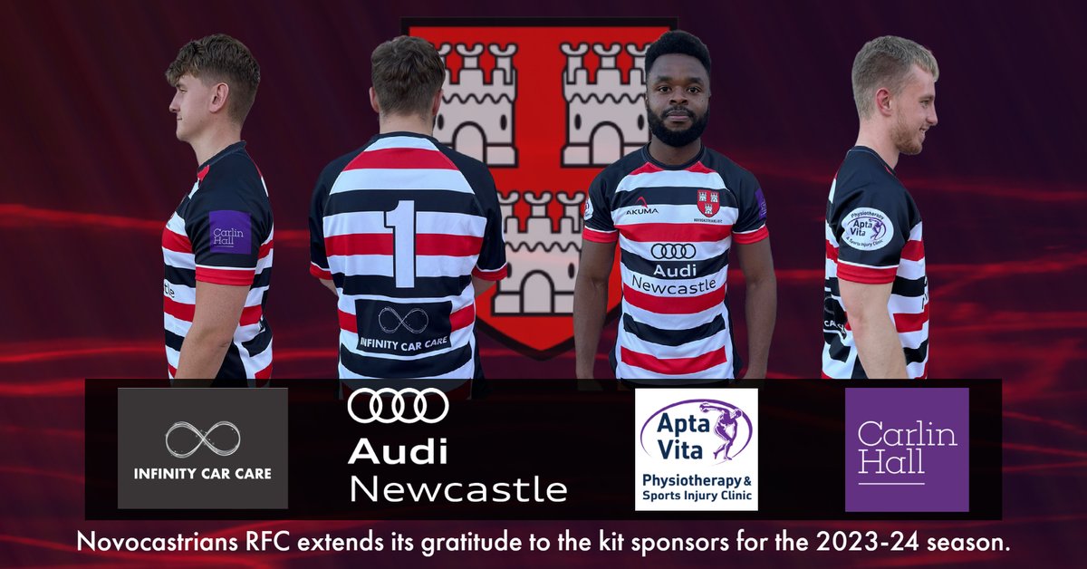 NovosRFC's tweet photo. We're excited to reveal our brand-new Akuma home kit for the new 2023-24 season. The famous black, red and white shirt, Novocastrians RFC colours.
We would like to extend our thanks to the kit sponsors:

@NewcastleAudi 
Infinity Car Care
Apta Vita Physiotherapy
@CarlinHallRec https://t.co/zQ6iK4DRIo