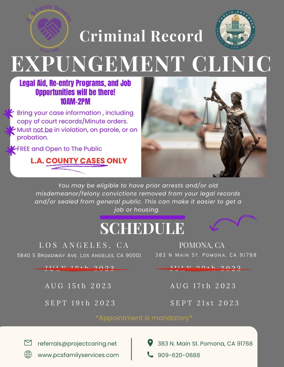 Call (909)620-0688 for more information on how to register for the month of August!

#nonprofit #nonprofitorganization #expungement #recordexpungement #lacounty #communityengagement #freeservice #freelegalaid #fyp