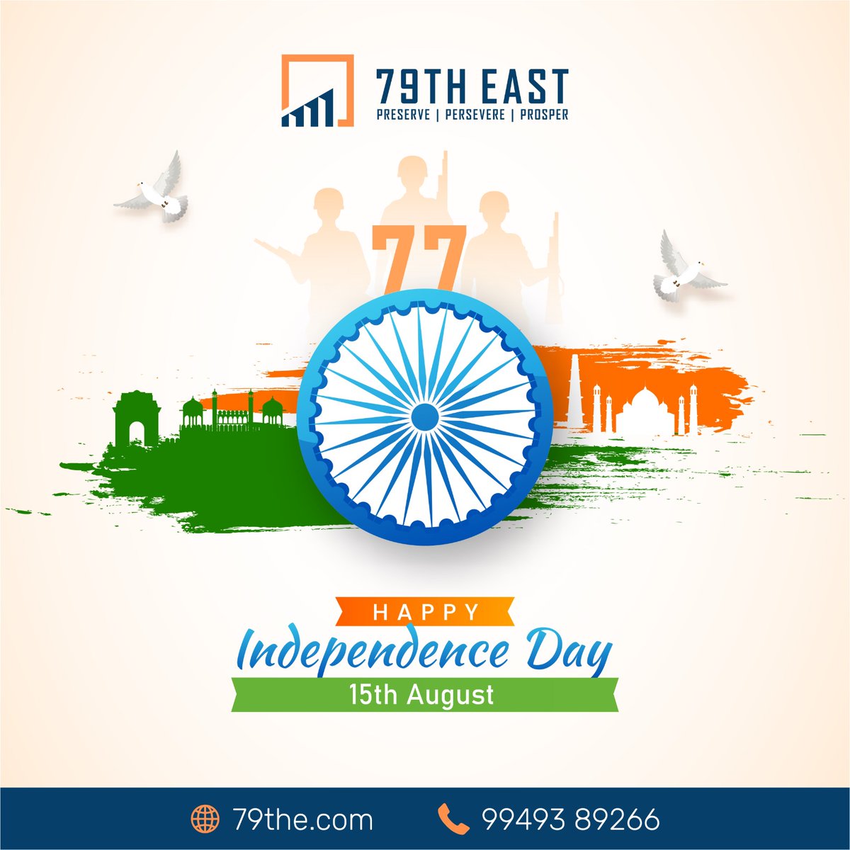79th_east's tweet photo. Celebrating 77 years of freedom and growth! 🌟

Team 79th East wishes you a Happy 77th Indian Independence Day. 🇮🇳😇

May our nation's progress inspire your financial journey towards a brighter future. 📈🇮🇳🌟

#IndependenceDay #79thEast #FinancialFreedom https://t.co/vuEWAWfWqn