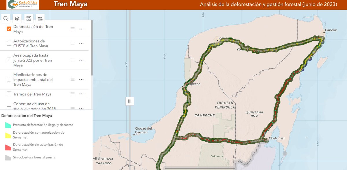 Esta es la polémica plataforma de "Análisis de la deforestación y gestión forestal del Tren Maya" que se generó desde <a href="/Cartocritica/">CartoCrítica</a> (junio de 2023).

Es muy interesante conocer estos "otros datos".

Conócela en este vínculo: arcg.is/10ePO00