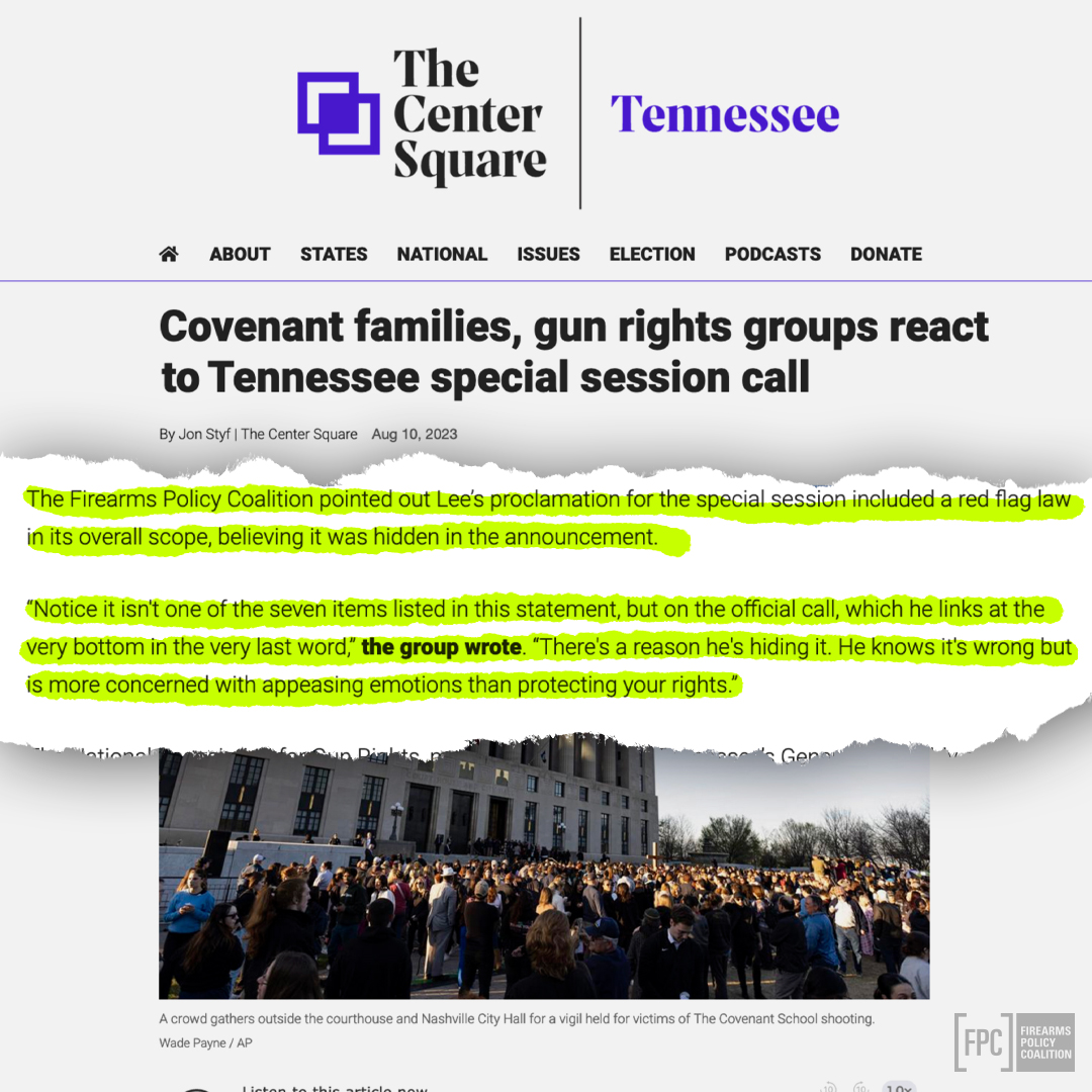 gunpolicy's tweet image. Tennessee:

Despite being an item noticed on the official proclamation, Gov. Bill Lee left the existence of a Red Flag law proposal out of his Special Session press release for obvious reasons.

Tell your legislators that no gun control is acceptable at FPCAction.org.