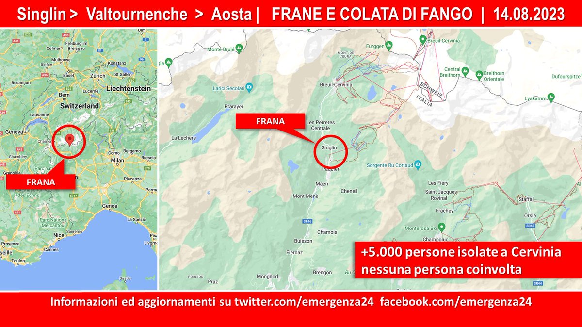 Emergenza24's tweet photo. ADESSO [15.08-00:30] #Singlin #Valtournenche #Aosta #frana su strada regionale dopo forti piogge +5.000 persone isolate a #Cervinia - Nessuna persona coinvolta https://t.co/AOrMLZ7bxn