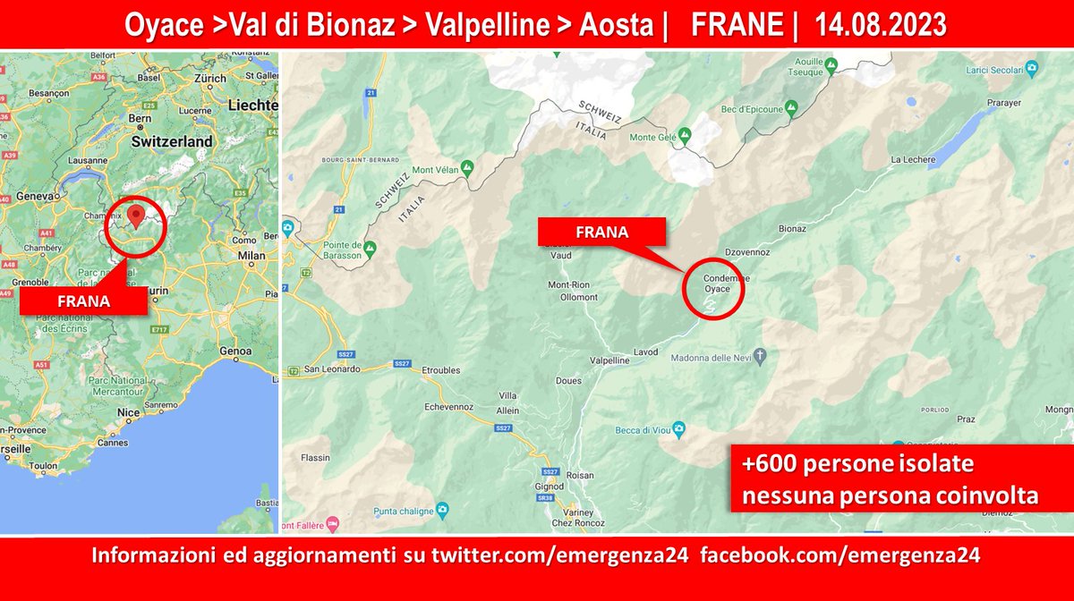 Emergenza24's tweet photo. ADESSO [15.08-00:40] #Oyace Val di #Bionaz #Valpelline #Aosta #frana su strada dopo forti piogge +600 persone isolate - Nessuna persona coinvolta https://t.co/h1IRmZviKm