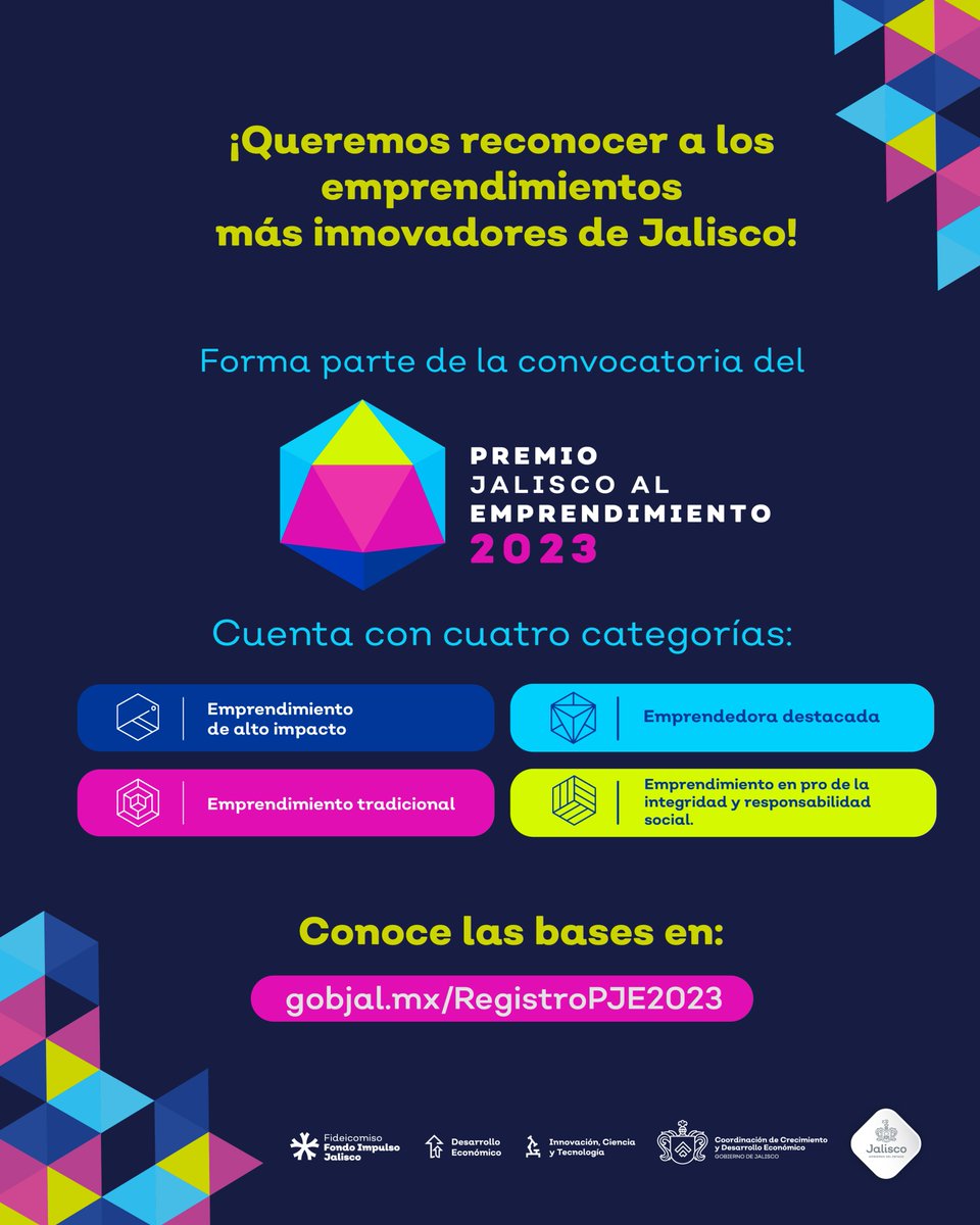 El talento de esta tierra es digno de reconocerse, sabemos que aquí se generan grandes ideas que pueden contribuir al bienestar social y económico, por eso queremos reconocerlas con el Premio Jalisco al Emprendimiento. Revisa la convocatoria y participa: gobjal.mx/PJE2023