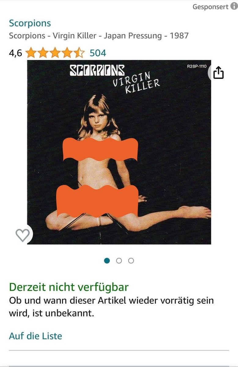 Die Abartigkeit in dieser Welt nimmt kein Ende. Was stimmt mit den Scorpions nicht? Wie kann man so ein Bild als Cover nehmen.  Ich weiß, warum ich bei Amazon nichts mehr kaufe. Zensur von mir und entdeckt hatte es Bustek. 

#SoundOfFeeedom #stoptpedos