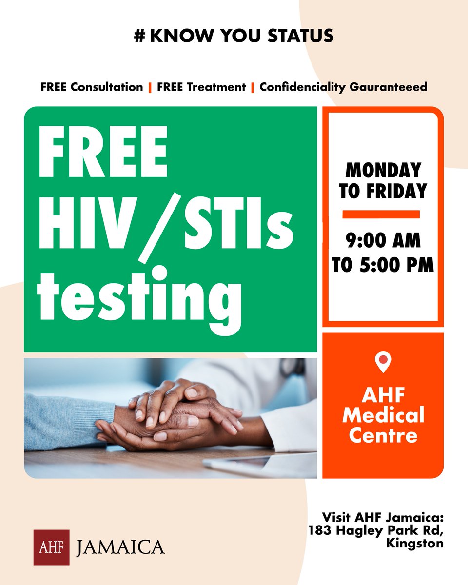 AHFLatamyCaribe's tweet image. Tell a friend, tell your family! Safe, Confidential, and results in 15 mins @ahfjamaica  #GETTESTED #FreeHIVTest #FreeSTITest #Freecondoms #SexualResponsibilitity Know more at ahfmedicalcentre.org.jm