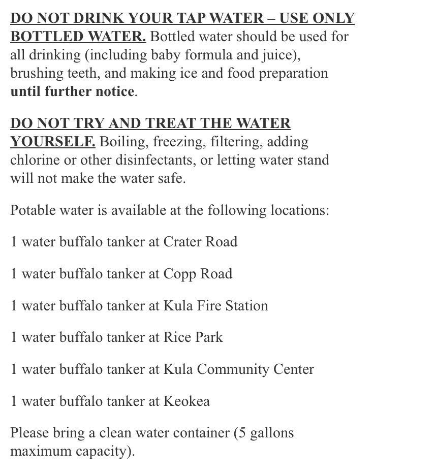 BCWildfireWkly's tweet photo. Unsafe Water Advisory for Upper Kula Water System https://t.co/RHs3nWWFND - @CountyofMaui
#Maui #MauiFires #UpperKula cc: #Lahaina #LahainaFire #LahainaFires https://t.co/QNsl2VKGt7
