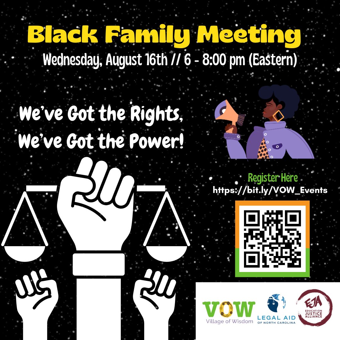 📣 If you have a Black learner in a public school setting, you don't want to miss this Black Family Meeting! Learn about your child's rights & connect with fellow Black Parents who understand the journey. Register here 👇🏾bit.ly/VOW_Events