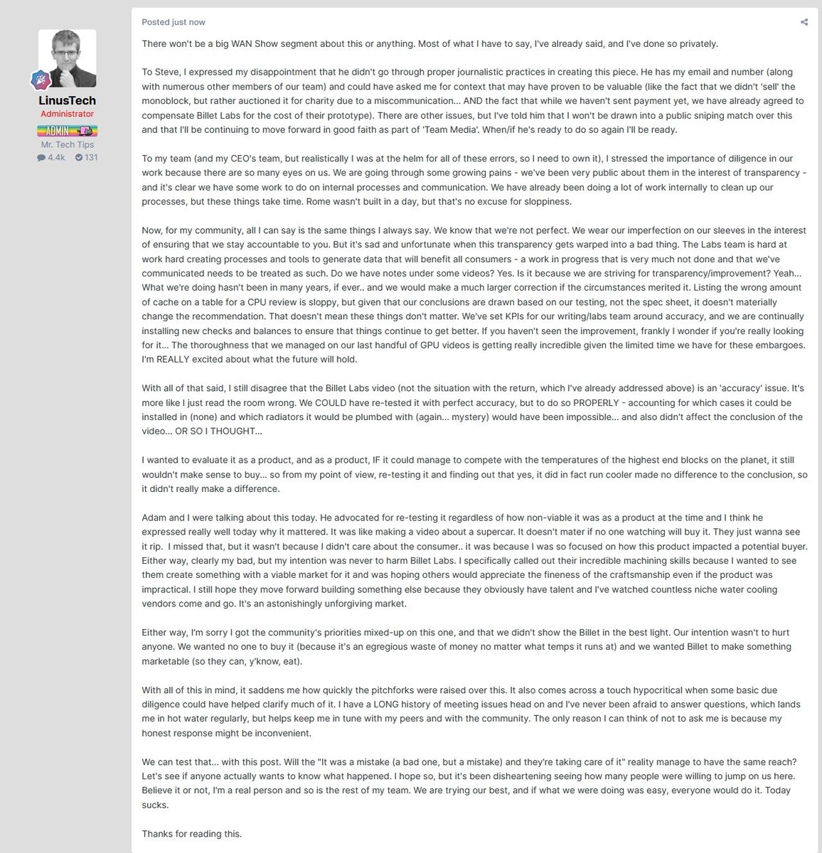 Dexerto's tweet photo. 'it saddens me how quickly the pitchforks were raised over this.' 

Linus of Linus Tech Tips responded to Gamers Nexus video over ethical concerns &amp; accuracy https://t.co/WmaumSThSU