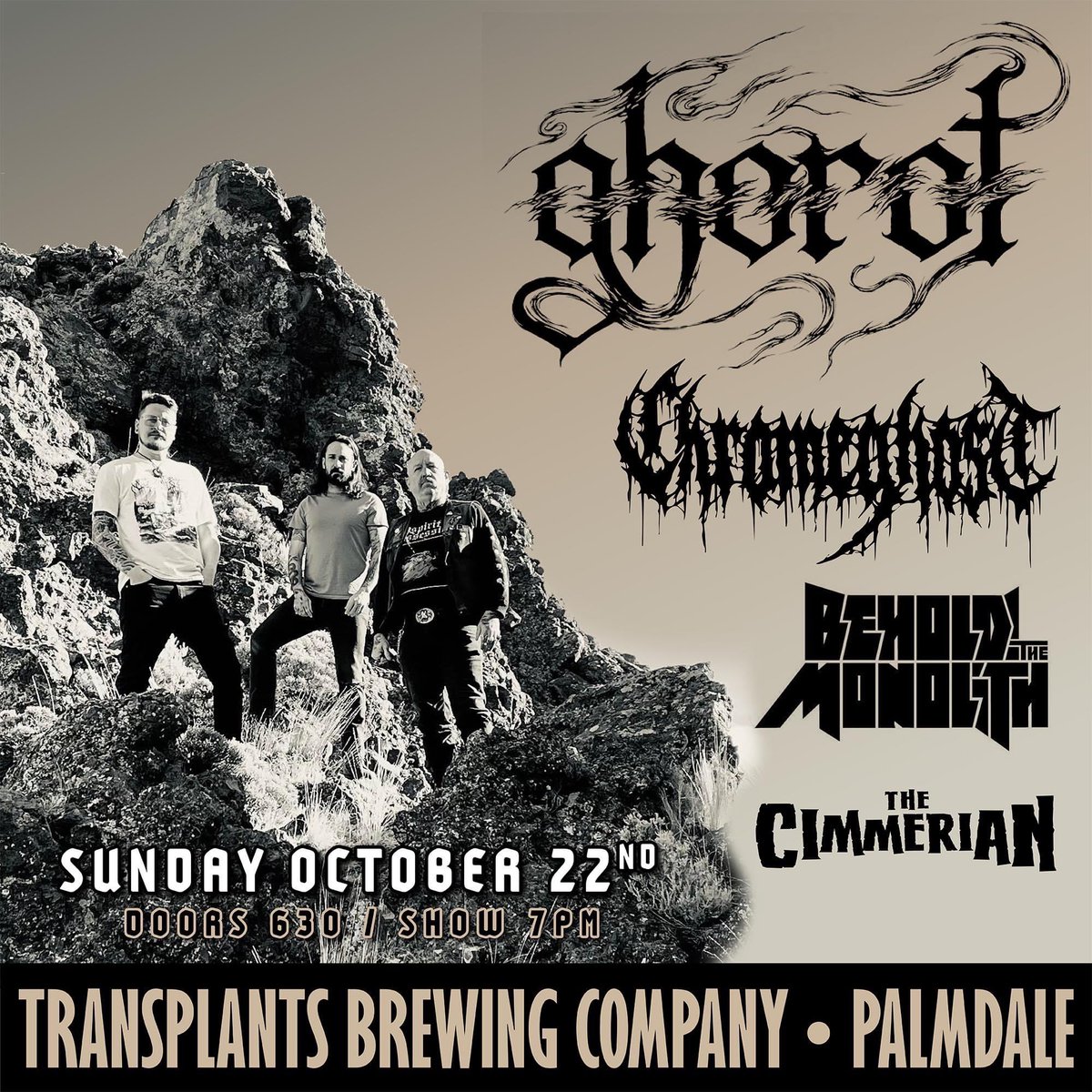 btmband's tweet photo. Next show - October 22 with Ghorot, Chrome Ghost and The Cimmerian at Transplants Brewing Company in Palmdale, CA!! This will be an absolute sludge n’ riff fest so grab your tix!

https://t.co/G7QjH9SPhA https://t.co/nAGIjGxBtd