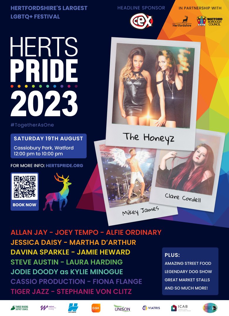 Herts Pride 2023 Saturday 19th August Cassiobury Park Watford Herts 12:00pm to 10:00pm @HoneyzOfficial @clarecordell #TogetherAsOne