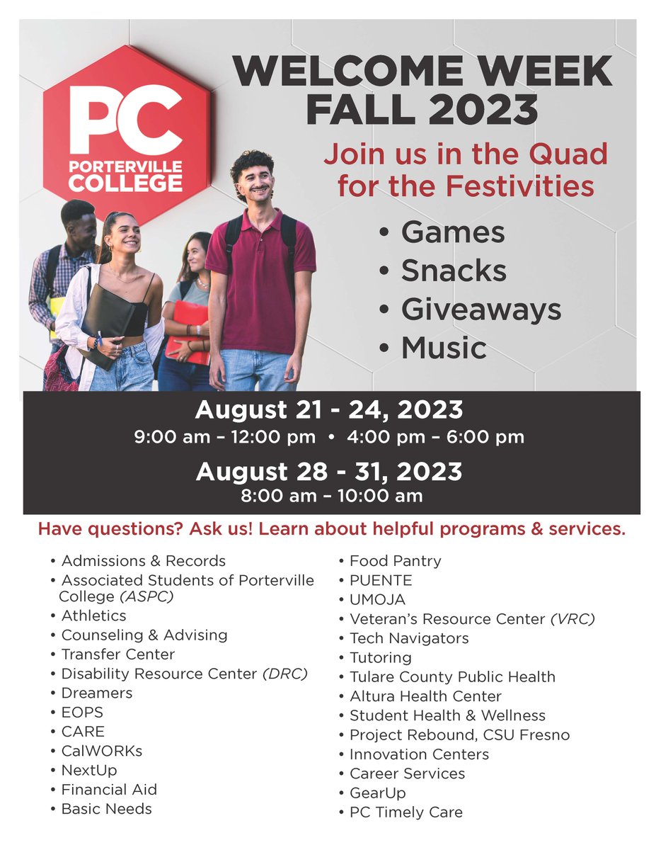 PCollegePirates's tweet photo. Welcome Week kicks off next week! See the flyers for details and join us in the Quad for games, snacks, giveaways, music &amp; more! https://t.co/vdFhTl2bU6