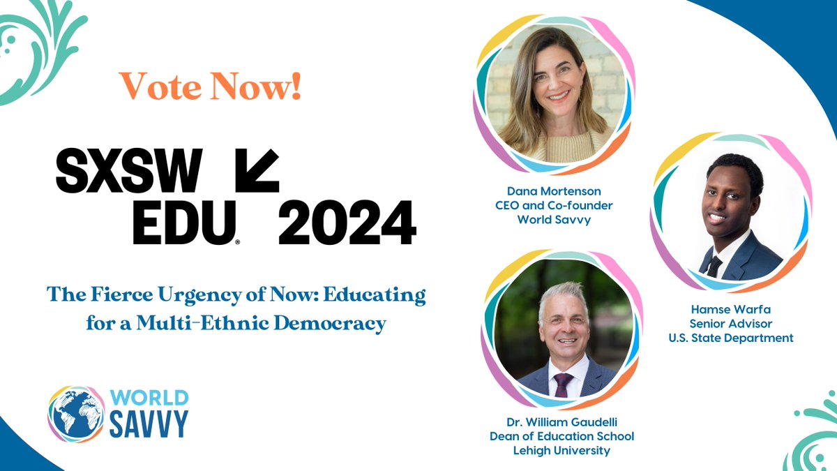 World Savvy (@worldsavvy) on Twitter photo VOTE for our panel at the #SXSWEDU2024 to hear more from our CEO <a href="/DLCMSavvy/">Dana Mortenson</a> <a href="/hamse_warfa/">Hamse Warfa</a> and William Gaudeilli on their session titled, “The Fierce Urgency of Now: Educating for a Multi-Ethnic Democracy.”
You can support them with your vote: bit.ly/3Kx1Qpi VOTE for our panel at the #SXSWEDU2024 to hear more from our CEO <a href="/DLCMSavvy/">Dana Mortenson</a> <a href="/hamse_warfa/">Hamse Warfa</a> and William Gaudeilli on their session titled, “The Fierce Urgency of Now: Educating for a Multi-Ethnic Democracy.”
You can support them with your vote: bit.ly/3Kx1Qpi