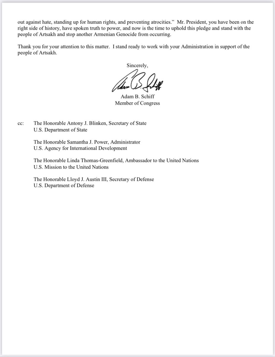 The crisis in Artsakh demands immediate U.S. action. Today, I urged @POTUS to call an urgent U.N. Security Council meeting to stop the Azeri blockade. And use every tool available to support the people of Artsakh and stop another genocide from occurring.