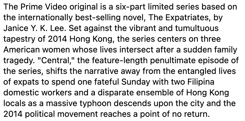 More details on Lulu Wang's EXPATS, premiering at #TIFF23. 'Central' is a feature length 'bottle episode' and the penultimate of the series. It focuses on two Filipina domestic workers at the convergence of a massive typhoon and the 2014 political uprising in Hong Kong.