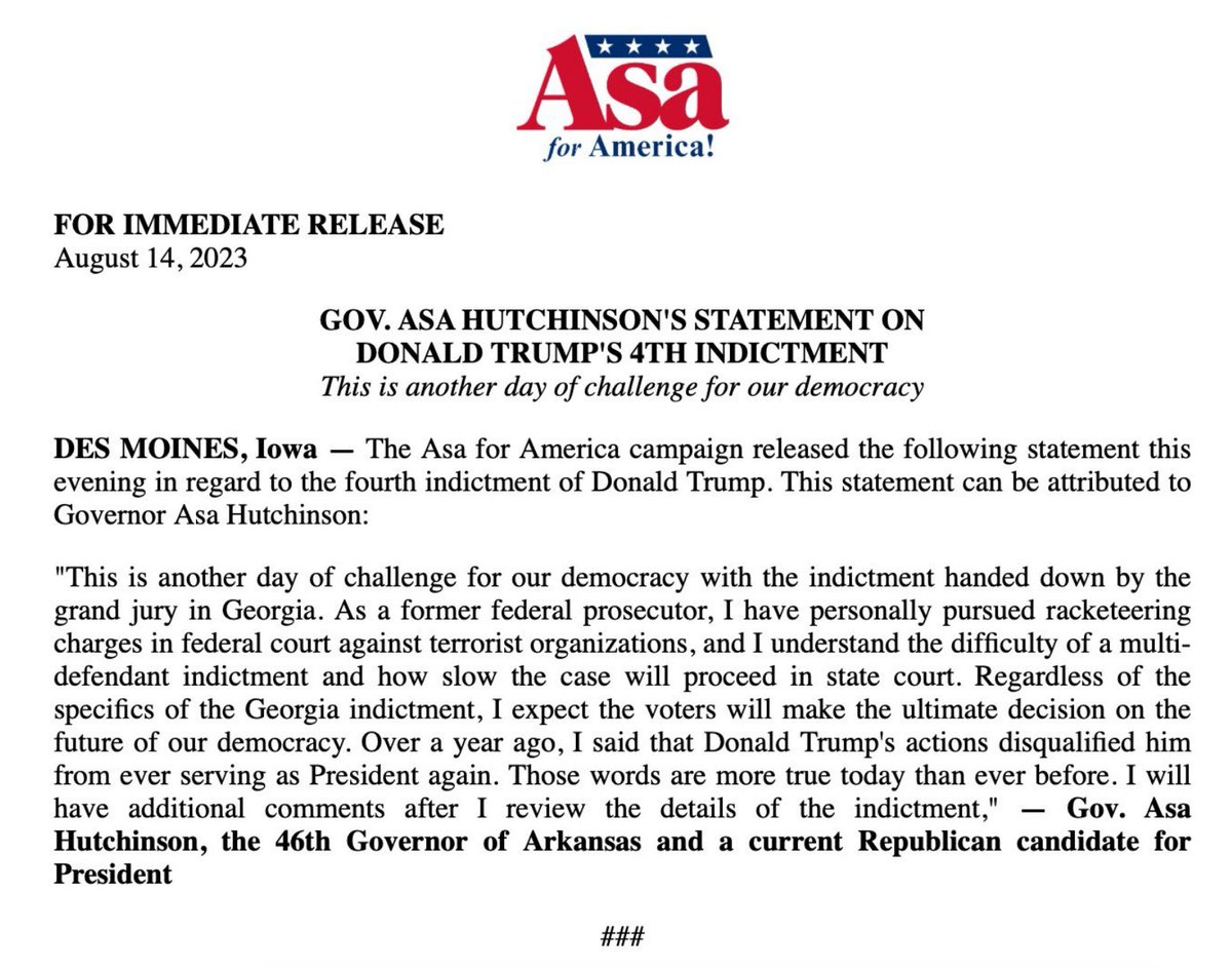 AccountableGOP's tweet photo. Asa Hutchinson: "Over a year ago, I said Donald Trump's actions disqualified him from ever serving as President again. Those words are more true today than ever before." https://t.co/sIqROiwcgx