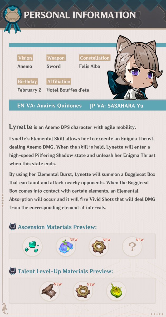 GenshinImpact's tweet photo. #GenshinImpactFontaine #GenshinImpact #Lynette

Lynette: Elegance in the Shadows — "Ow... that hurts my ears."

Hello, Travelers~ Today, we will be introducing a new character, Lynette! Taciturn and reserved, the emotions of this magic assistant are as inscrutable as a cat's. Let's get to know her together!

See Full Details: https://t.co/BrADJlhvn7