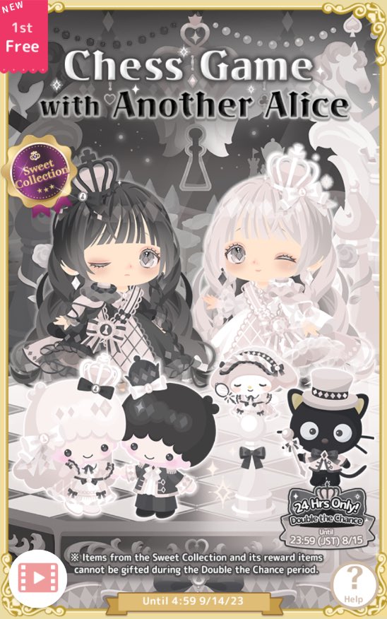 SmilesGazette's tweet photo. August 2023 Sweet Collection: Chess Game with Another Alice

Has a 24hr Double the Chance bonus !
#ハロースイートデイズ #hellosweetdays #hsd #ハロスイ #sanrio https://t.co/IEAP5D4sBc