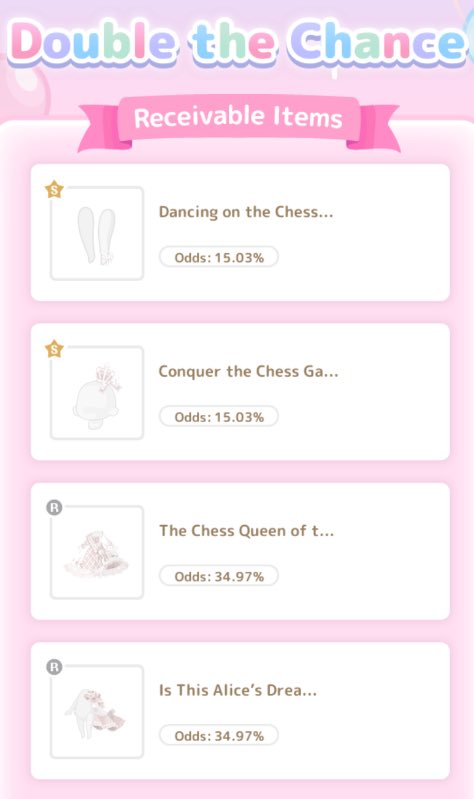 August 2023 Sweet Collection: Chess Game with Another Alice

Has a 24hr Double the Chance bonus !
#ハロースイートデイズ #hellosweetdays #hsd #ハロスイ #sanrio