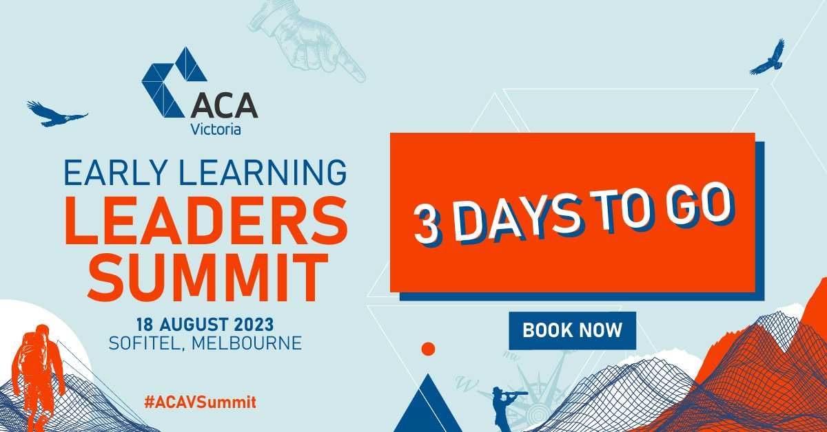 ⏰ With 3 days to go – it’s time you registered for the ACA Victoria Early Learning Leaders Summit held at the Sofitel on Collins on Friday, 18th August. 📌

A chance to network with your peers, explore our valued exhibitors and gain knowledge from our inspirational speakers 🌟