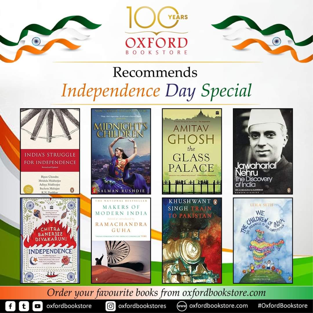 #OxfordBookstore wishes you all Happy Independence Day! On this occasion, here are some handpicked reads recommended by us. @SalmanRushdie @GhoshAmitav @Ram_Guha @cdivakaruni @PenguinIndia @HarperCollinsIN #OxfordRecommends #IndependenceDay2023 #IndependenceDayIndia