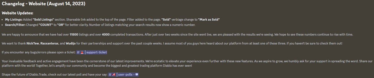 We recently pushed the following updates:  

Added "Sold Listings" Page
Shareable Link in "My Listings"

Start trading: Diablo.trade
Join the discord: discord.com/DiabloTrade 

#DiabloIV