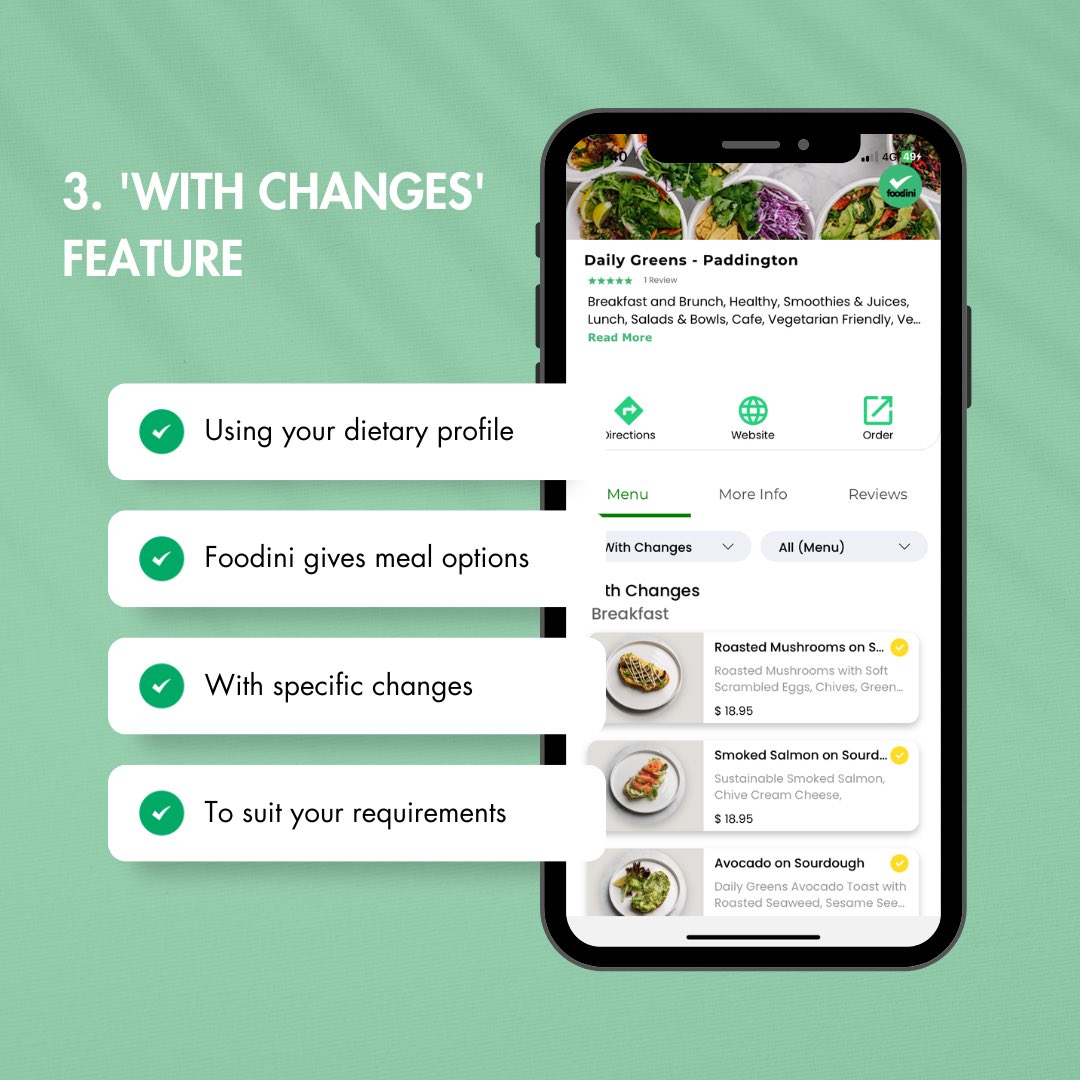 🍽️ Discover top features:
1️⃣ Personalise with dietary profiles - From vegan to gluten-free, we cater to you
2️⃣ Eat with confidence at our Dietitian Verified Restaurants
3️⃣ Love a dish? Modify it 'With Changes' to fit your diet. Taste without compromise! #EatSmart #FoodRevolution