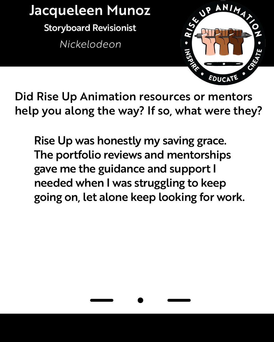 riseupanimation's tweet photo. Happy Monday Rise Up fam! We're bringing you another #MenteeFastForward where we hear from an RUA Mentee that found a step forward in their animation career.

Today we celebrate Jacqueleen Munoz from @NickAnimation https://t.co/h8W0bqmR5c