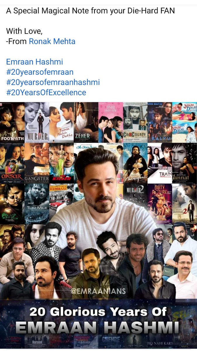 RonakPMehta1's tweet photo. A Special Note from your Die-Hard Fan !
With Love,
-From Ronak P Mehta
@emraanhashmi
#20yearsofEmraanHashmi
#20yearsofemraanmagic
#Emraanhashmi https://t.co/Kgpy53jyY4