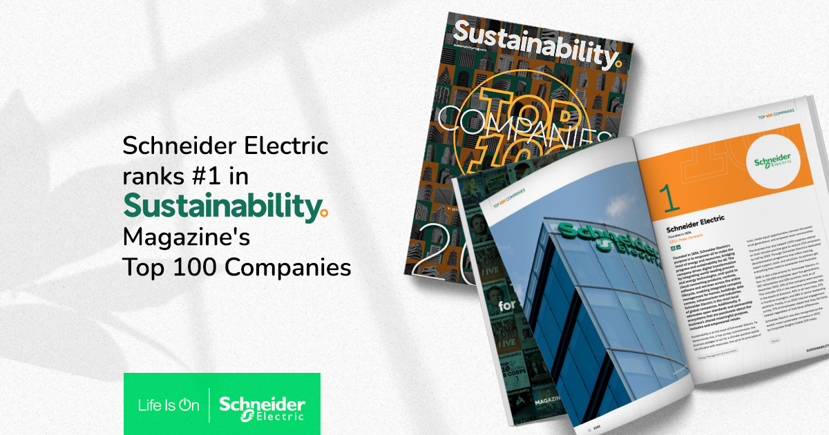 Exciting moment: Schneider Electric ranks #1 in Sustainability Magazine's Top 100 Companies for the second year in a row. Let’s continue to lead the way to a more sustainable, electric, and digital future together. #Sustainability ​
spr.ly/6016Pi2B4