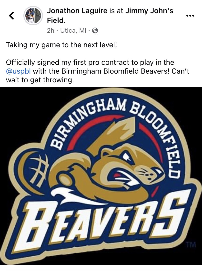 Harrisonbsball's tweet photo. Congrats to our very own, @JonathonLaGuire (2018), who signed a professional contract to pitch for the Beavers in the USPBL! Go get ‘em JL! 🔥 https://t.co/Mv1vsHCIkN