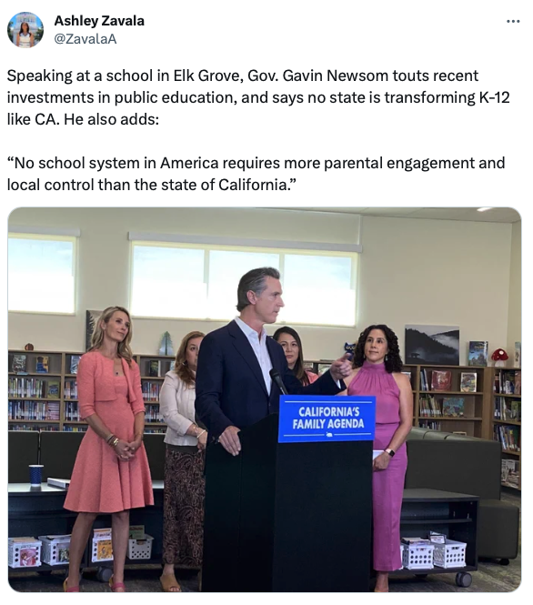 KevinKileyCA's tweet photo. This is the absolute height of delusion.

Newsom did not allow "parental engagement" or "local control" over opening schools. He kept them closed longer than any state while sending his own kids to private school.

Newsom did not allow "parental engagement" or "local control" over masks. He forced even 2-year-olds to wear them hours per day in defiance of international norms.

Newsom did not allow "parental engagement" or "local control" over the vaccine. He imposed a statewide child mandate and boasted California was the "first" to do so – though eventually withdrew it in humiliation when not a single state followed.

California schools, by the way, continue to have among the worst student learning outcomes and widest achievement gaps in the country.