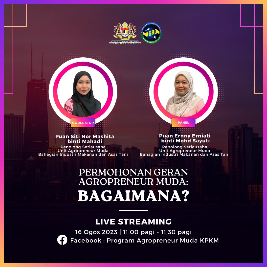𝑷𝒆𝒓𝒎𝒐𝒉𝒐𝒏𝒂𝒏 𝑮𝒆𝒓𝒂𝒏 𝑨𝒈𝒓𝒐𝒑𝒓𝒆𝒏𝒆𝒖𝒓 𝑴𝒖𝒅𝒂: 𝑩𝒂𝒈𝒂𝒊𝒎𝒂𝒏𝒂?

Jom sama-sama saksikan live kami di Facebook Program Agropreneur Muda KPKM pada :
.
📅 16 Ogos 2023 (Rabu)
.
⏰ 11.00 pagi
.
🎥 Facebook Program Agropreneur Muda KPKM

#AgropreneurMuda