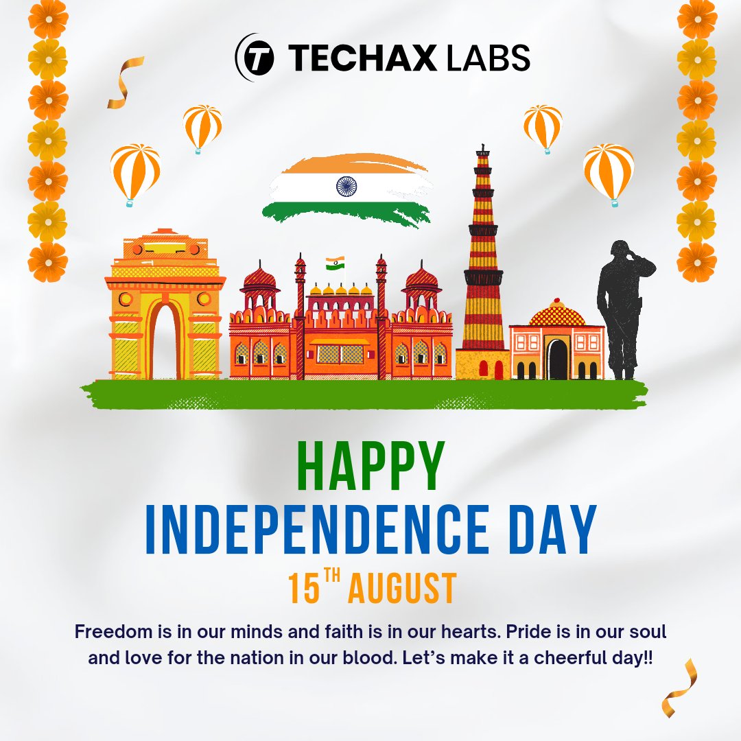 TechaxLabs's tweet photo. Celebrate the free spirit of India May this Independence Day Fills your life with happiness and prosperity. 

Happy Independence Day 2023! 🇮🇳

#HappyIndependenceDay #Patna #Bihar #startup #Business https://t.co/s65e3iNa1K